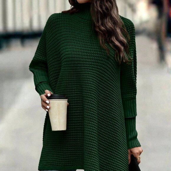 Dark Green Casual Women's Turtleneck Batwing Sleeve Poncho Sweater top - Picture 3 of 7